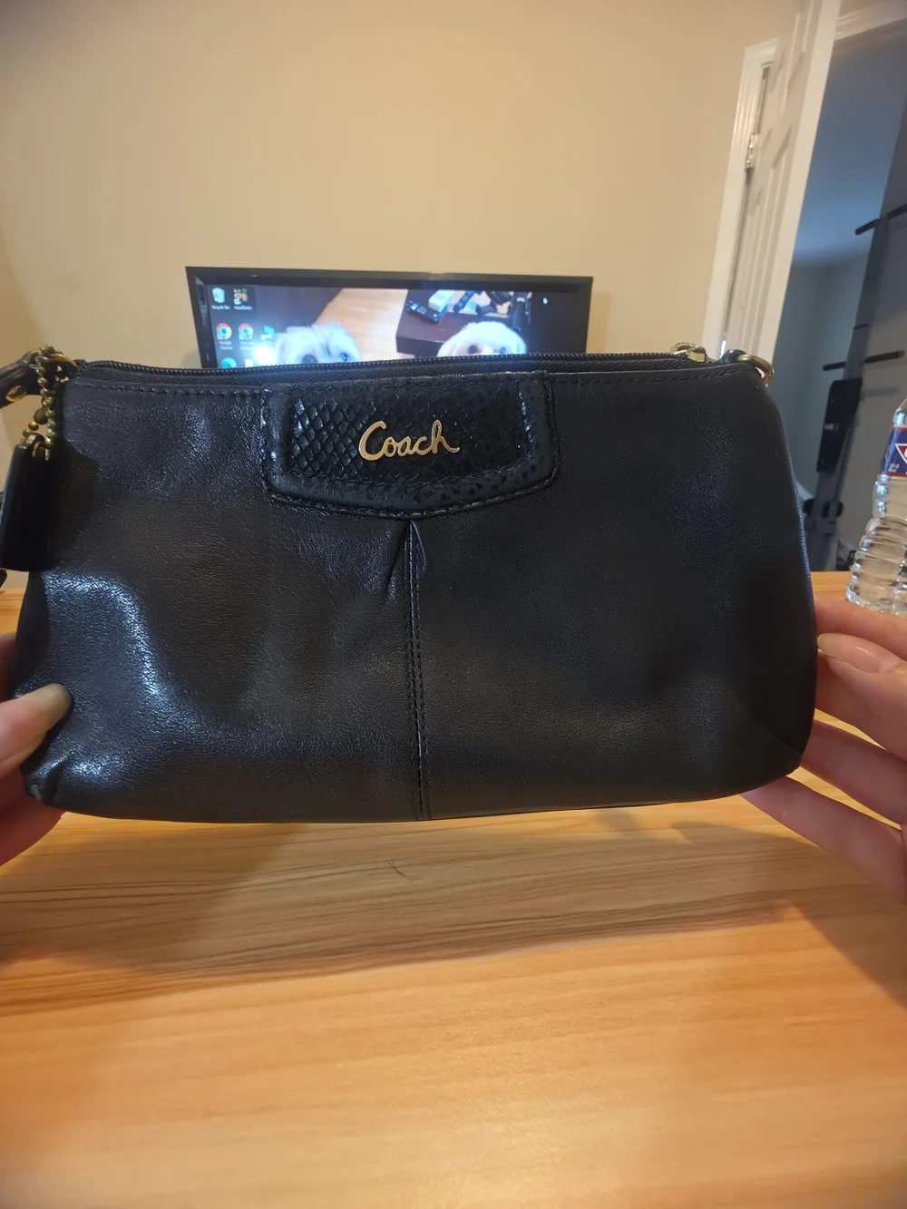 Coach Black Leather Wristlet with Gold Logo